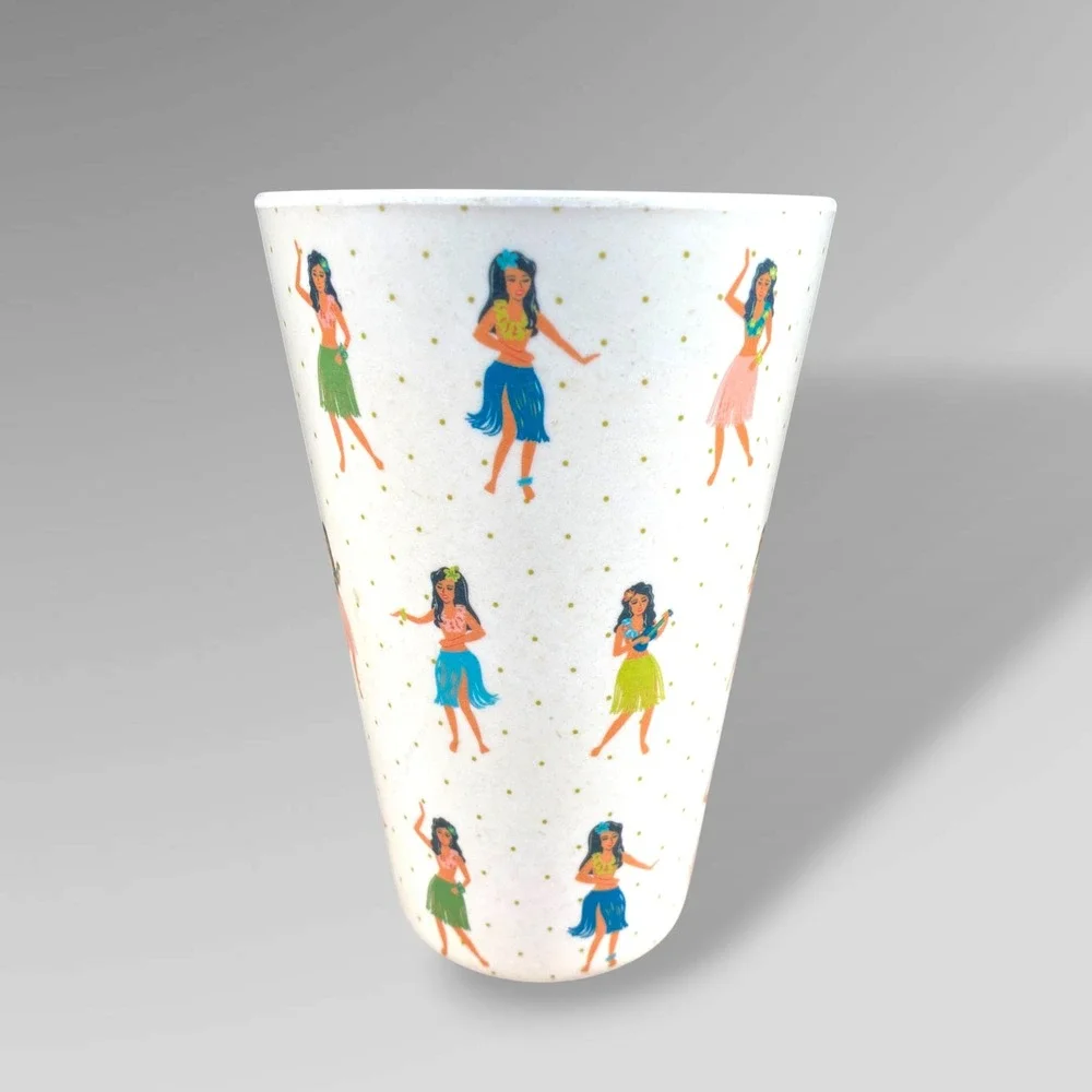Fig & Fern Hula Girl Tumbler Set of 4 Tropical Retro Tiki Melamine Style Cups‎